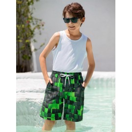 TUONROAD Boys Swimming Shorts Funny 3D Print Quick Drying Swimming Trunks with Mesh Lining Summer Beach Shorts 5-14 Years, 1 geometric green