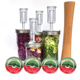 Complete Mason Jar Fermentation Kit - Sauerkraut Pounder + 4pc Glass Weights + 4pc water airlocks Easy Wide Mouth Jars Vegetable Fermenting Set -Suitable for 86MM mason jar (Jars Not Included)