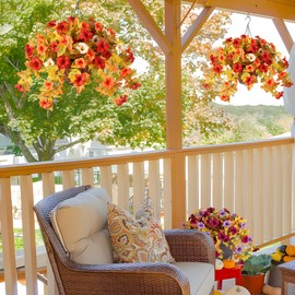 Artificial Fake Fall Flowers with Hanging Basket Plants for Outdoor Autumn Decoration,Silk Faux Flower UV Resistant Petunias for Home Porch Patio Garden Balcony Yard Decor Real Looking(Orange White)