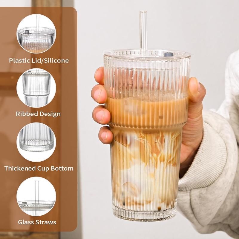 19oz Ribbed Glass Tumblers with Lids & Straws – Set