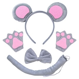 TSHAOUN 4 Piece Animal Costume Set Mouse Ears Headband Grey Ears Headband Tail Bow Tie Gloves Fancy Dress Set for Kids Birthday Party Carnival Cosplay Christmas