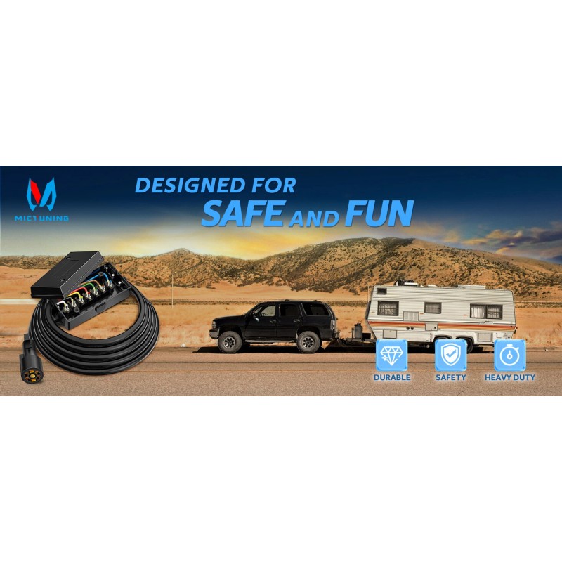 MICTUNING 8FT Trailer Cord with 7-Way Plug Inline Junction Box,