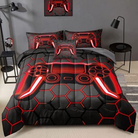 BDUCOK 6 Piece Gamer Comforter Sets Bed in A Bag for Boys Teen Kids,Honeycomb Gaming Bedding Sets Gamepad Comforter Microfiber Bed Set for All Season Gamer Home Decor(red, 6 Piece Sets30023-Queen)