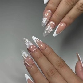 White Glitter French Tip Press on Nails Medium Almond Fake Nails with White Butterfly 3D Pearl Design Bow Pink Acrylic Nails Stick on Nails Dots Curve Bling Star False Nails for Women Manicure 24Pcs