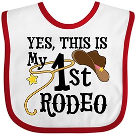 inktastic Yes, This Is My 1st Rodeo- Cowboy Hat with Pink Band, Lasso Baby Bib White and Red 35613