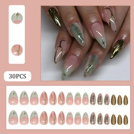 Hrnsnails Nail Press ons, Almond Press On Nails Medium Fake Nails with Star Simple Lines Light Green French Tip Nails Design, Acrylic Artificial False Nails Press On Stick On Nails for Women-30Pcs