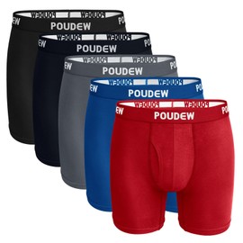 POUDEW Men's Breathable Viscose Moisture Wicking No Roll Waistband Tagless Underwear Boxer Briefs, Pack of 5 (XX-Large, Black/Grey/Navy/Blue/Red)