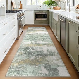 BEIMO Runner Rug for Hallway Kitchen, 2x10 Machine Washable Runners Rug for Entryway, Light Green Soft Modern Abstract Throw Rugs, Low Pile Floor Carpet with Non Slip Backing
