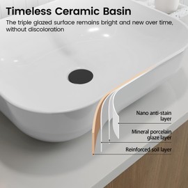 SOTOMO Bathroom Vessel Sink, 20" x 16", Soft Rectangular Modern Bathroom Sink, White Ceramic Topmount Countertop Sink for Bathrooms, Lavatories, Powder Rooms - MJ-6128 White Sink