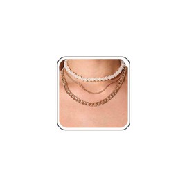 Allereya Layered Pearl Chain Necklace Pearl Collar Choker Punk Layered Curb Chain Necklace Gold Chunky Link Chain Necklace Jewellery for Women and Girls