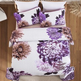 Dintszyayue Floral Quilt Set Queen Bedding Set, 3 Pieces Light Purple Lilac Flower Coverlet bedspreads, Lightweight Microfiber Reversible Bed Cover with 2 Pillow Shams for All Seasons 96"x90"