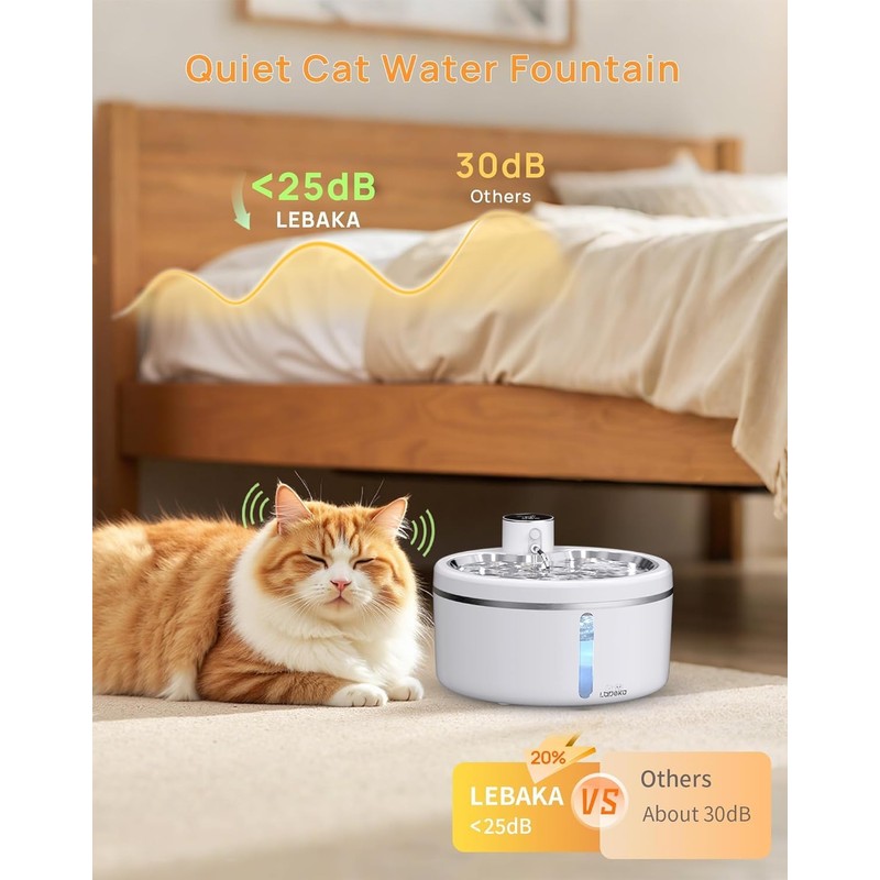 Wireless Cat Water Fountain [with Stainless Steel Tray], 84oz/2.5L Pet