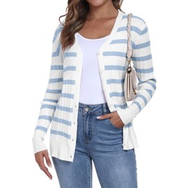 YUNDAI Womens Stripe Cardigans V Neck Long Sleeve Lightweight Button Down Jumpers Cardigan Ribbed Knit Spring Fall Tops Medium, White Stripe Blue