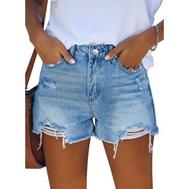 Women Summer Mid Waisted Ripped Stretchy Denim Shorts Distressed Short Jeans Light Blue M