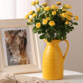 hjn Farmhouse Pitcher Vase for Flowers- Ceramic Pitcher Vase White Flower Vase for Your Kitchen/Home Decor/Office/Living Room/Bookshelf/Mantel/-Yellow