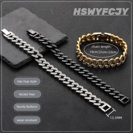 HSWYFCJY 13.5 mm Cuban Bracelet Iced Out Miami Silver/Gold/Black Plated Hip Hop Full CZ Diamond Bracelet for Men, Length 19/21/23 cm, Stainless Steel