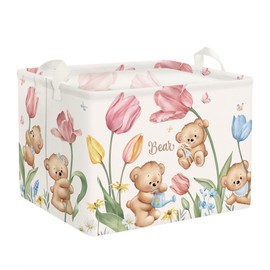Clastyle Large Pink Tulip Bear Baby Gift Basket Rectangle Butterfly Flower Shelf Basket Nursery Girl Bedroom Toy Book Clothes Towel Storage Basket