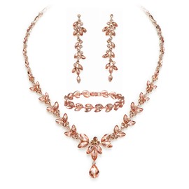 EVER FAITH Marquise Crystal Party Prom Jewelry Set for Bride, Gorgeous Leaf Rhinestone Necklace Dangle Earrings Tennis Bracelet Champagne Rose Gold-Tone