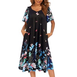 Ekouaer Women's House Dress Pleated Nightgown Short Sleeve Mumu Dress Lounge Dress With Pockets