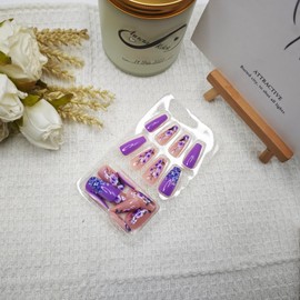 24Pcs Purple Press on Nails Spring Fake Nails Purple Flower Design False Nails Long Square Acrylic Nails Full Cover Glossy Stick on Nails for Women Girls Spring Summer Nail Art Decor