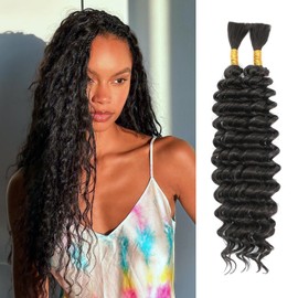 Human Braiding Hair Mix Synthetic Boho Hair for Braiding, 18 Inch Deep Wave Bulk for Boho Braids 2 Pcs Curly Bohemian Wet and Wavy Braiding Hair (4#, 18 Inch)
