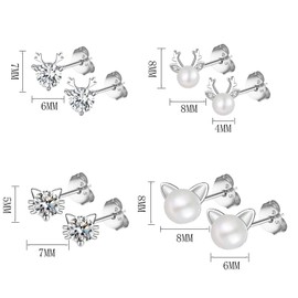 HinDaLi 4 Pairs 925 Sterling Silver Studs Earrings for Women Girls Pearl Studs Earrings Silver Cat Stud Earrings Cubic Zirconia Round Earrings Diamond Women Earrings Studs Deer Earrings Silver Sleeper