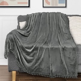 PAVILIA Dark Gray Throw Blanket Pom Pom Couch, Twin Size, Soft Fleece Cozy Pompom Fringe Sofa Blanket, Decorative Home Gift Flannel Velvet, Charcoal Grey, 60x80