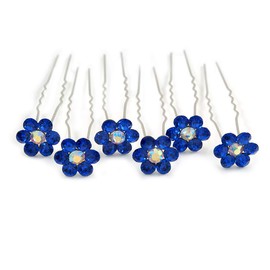 Bridal/Wedding/Prom/Party Set Of 6 Sapphired Blue Austrian Crystal Daisy Flower Hair Pins In Silver Tone