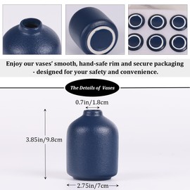 Blue Small Vases Set of 6, Ceramic Navy Blue Bud Vases Set for Flowers Pampas Grass, Mini Pottery Vase with Minimalist Modern Rustic Style for Table Centerpieces of Home, Office, Wedding