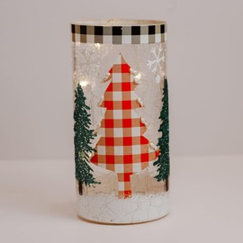 A Cheerful Giver Pillar Lamp with Internal LED String Lights - Crackle Glass Decoration for Indoor/Outdoor Decor- Plaid Tree - Hand-Painted Battery Powered Lamp - Cordless Table Lamp
