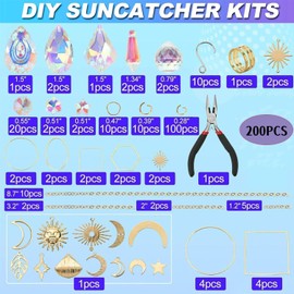 Paifeancodill Crystal Suncatcher Kits, 200 Pcs DIY Sun Catchers Making Hanging Chandelier Crystals Prisms Parts Rainbow Maker Pendants DIY Sun Catchers Beads Indoor Window Garden Decor (Gold,)