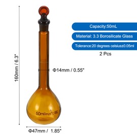 PATIKIL 50ml Volumetric Flask, 2Pcs 3.3 Borosilicate Glass Graduated Volumetric Measuring Flask with Glass Stopper Tolerance 0.32ml for Lab Experiment, Amber