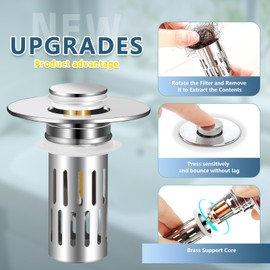 Nevellir 2 Pack Bathroom Sink Stopper for 1.06-1.50in, Universal Bathroom Sink Drain Pop Up Stopper for US Stainless Steel Floor Drain Filter, Universal Drain Filter with Hair Strainer(Silver)