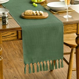 Artoid Mode Dark Green Tassel Table Runner, Linen Blend Rustic Farmhouse Style Kitchen Table Decoration Holiday Wedding Party Dinning Decor 13x48 Inch