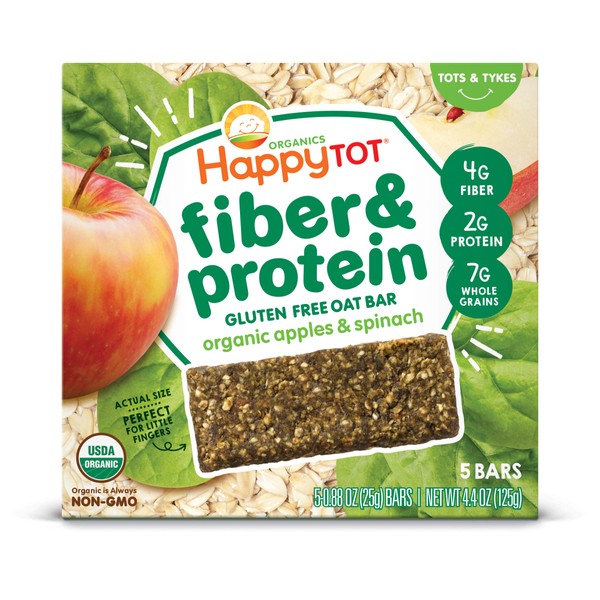 Happy Tot Organics Fiber & Protein Soft-Baked Oat Bars Toddler Snack Apple & Spinach, 0.88 Ounce Bars, 5 Count Box (Pack of 6) (Packaging May Vary)