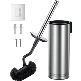 HAMITOR Toilet Brush and Holder Set: 304 Stainless Steel Heavy Duty Bowl Cleaner Brush - Deep Cleaning Under Rim Curved Bristle - Space Saving Wall-Mounted for Home RV Bathroom Accessories Silver