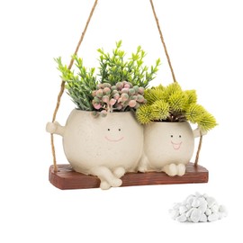 Swing Face Planter Pots,Cute Hanging Resin Flower Head Planter for Indoor&Outdoor Plants,Smiley Face Plant Pots with Drainage Hole,Ideal Gift for Father's Day&Children's Day&Couple