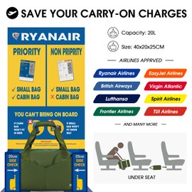 Ceneda for Ryanair Airlines 40x20x25 Cabin Bag Travel Duffel Bag Underseat Carry-on Luggage with TSA Approved Quart Size Bag & Shoes Bag, Weekender Overnight Bag for Women Men (Green)