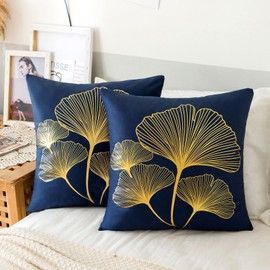 Navy Blue Cushion Cover, 40 x 40 cm, Velvet Cushion Cover, Gold Ginkgo Biloba Leaves Cushion Cover Set, Home Decoration, Cushion Cover, Decorative Cushion Covers for Sofa, Living Room, Set of 2
