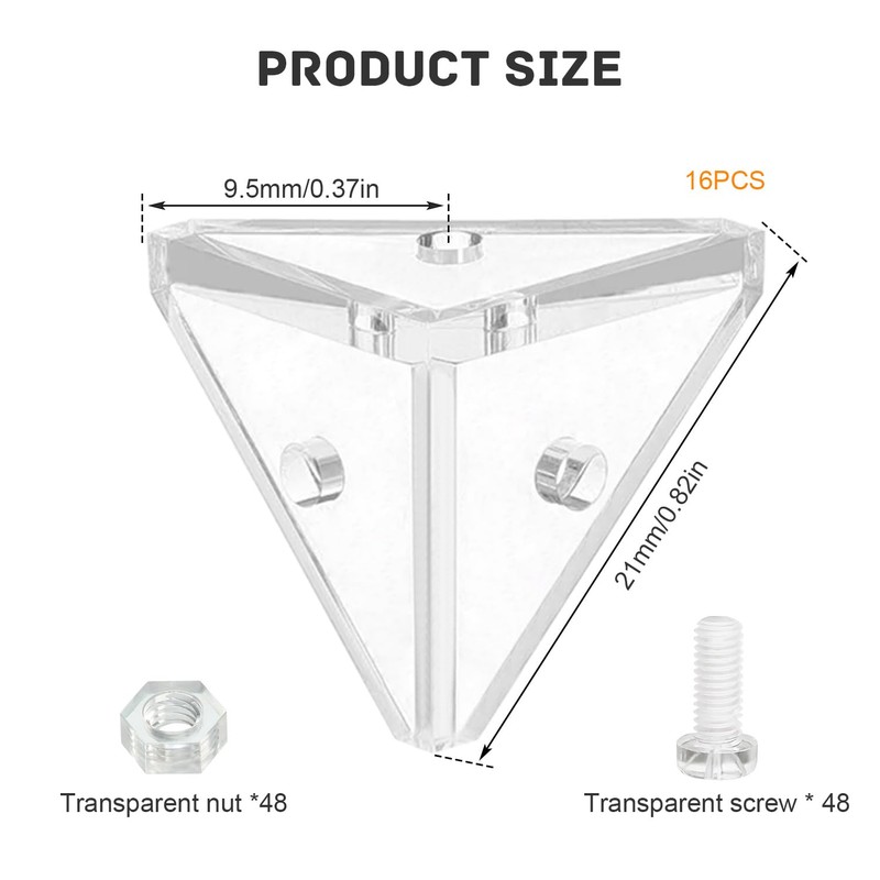 Pack of 16 Acrylic Clear Corner Brackets, Transparent Right Angle