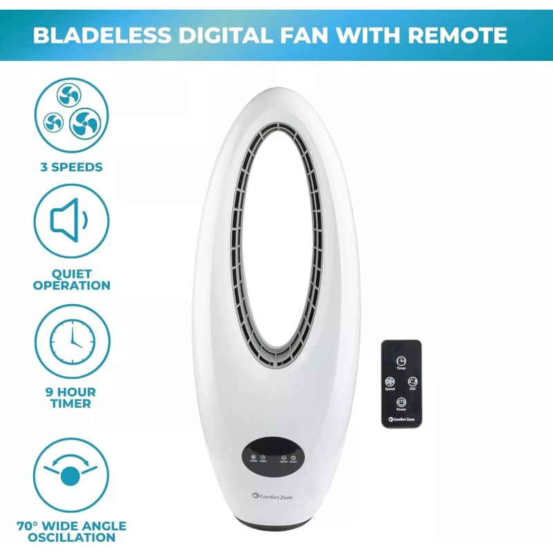 Comfort Zone 28" Oscillating Bladeless Tower Fan with Remote Control,