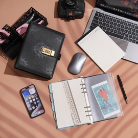 WASON Journal with Lock A5 Binder Diary Ruled Spiral Notebook Planner Portfolio and Refillable Writing Lined Paper Notepad, Pen, Clipboard Organizer For Ideal Business, School & Travel (Black)