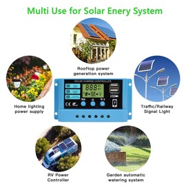 Peidesi PWM 30A Solar Charge Controller 12V 24V PV Regulator for Lifepo4 Lithium Gel Lead Acid for 100W 200W 300W Solar Panel LCD Display Dual USB 5V Output PDS-12V30A-CON