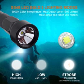 Odepro ND22 Dive Light - 1300 Lumens Compact Bright Scuba Diving Torch, IP68 Waterproof Submersible Flashlight with 8-Degree Focused Narrow Beam for Underwater Exploration