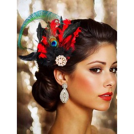 Yokawe 1920s Peacock Feather Hair Clip Red Flapper Gatsby Fascinator Headpiece for Women