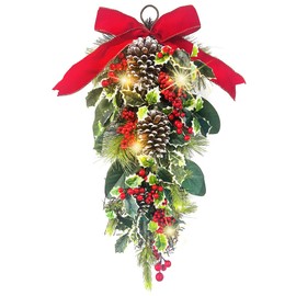 Pre-Lit Christmas Teardrop Swag,Artificial Greenery Stairway Swag for Xmas Holiday Door Table Mantel Fireplace Indoor Outdoor Decorations
