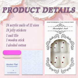 Valentines Day Press on Nails Short Almond White Fake Nails Full Cover Red Heart False Nails with Designs Glossy Glue on Nails Cute Acrylic Nails Manicure Artificial Nails for Women Girls 24Pcs