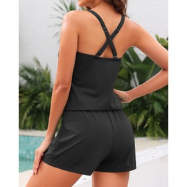 Tempt Me Black Romper One Piece Swimsuits with Short - Women Boyleg with Pockets Bathing Suit Modest Swimwear XXL