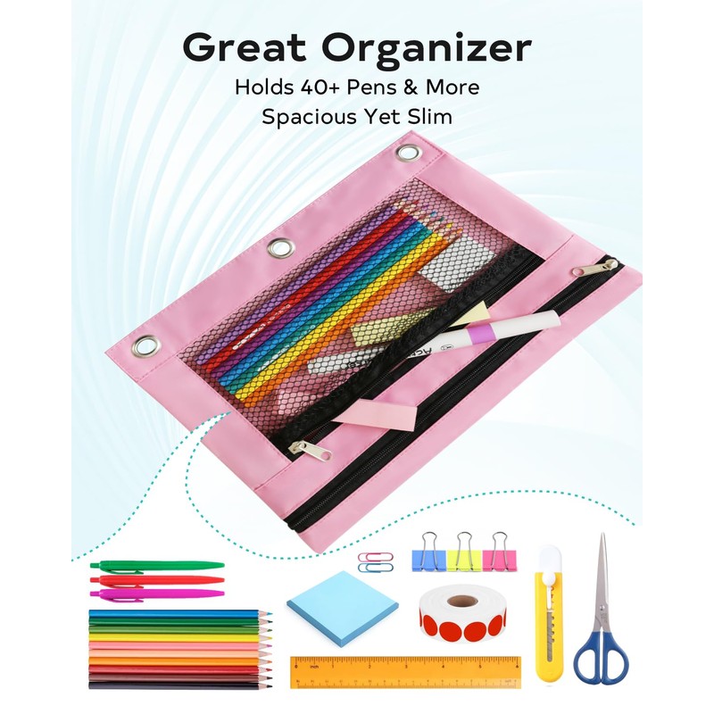 ASBEFORE Pink Pencil Pouch for 3 Ring Binder - Zipper