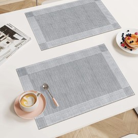 Bloss Placemats Set of 4, Linen Woven Place Mats for Kitchen Table Indoor/Outdoor, 12" x 18" Washable Silver Gray Placemat Dining Table Mats